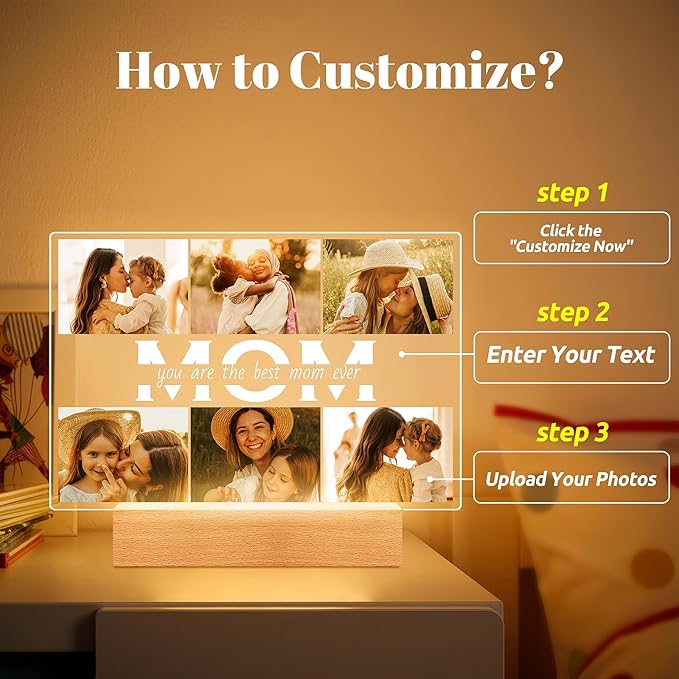 Personalized Gifts for Mom from Daughter Son, Custom Picture Frames with Photos, Customized Photo Frame with Night Light, Personalized Birthday Gifts for Mom Baby Kids Family