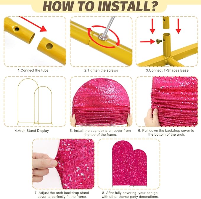 MODFUNS Arch Backdrop Stand and Cover Set 6&7.2ft Hot Pink Sequins Arch Backdrop Cover Metal Arch Frame with Covers Double Sided Arch Stand Covers for Wedding Party Baby Shower Decoration