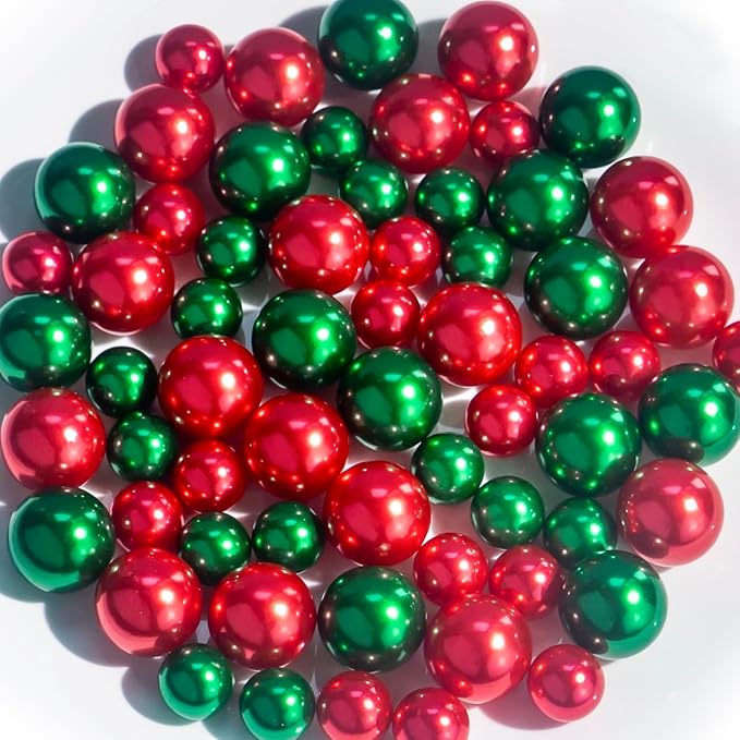 300Pcs Red&Green Polished No Hole Pearl Beads Vase Filler, Christmas Vase Filling Decorations, Plastic Pearls, Table Scatters, Wedding Home Decor, 8/14/20 mm