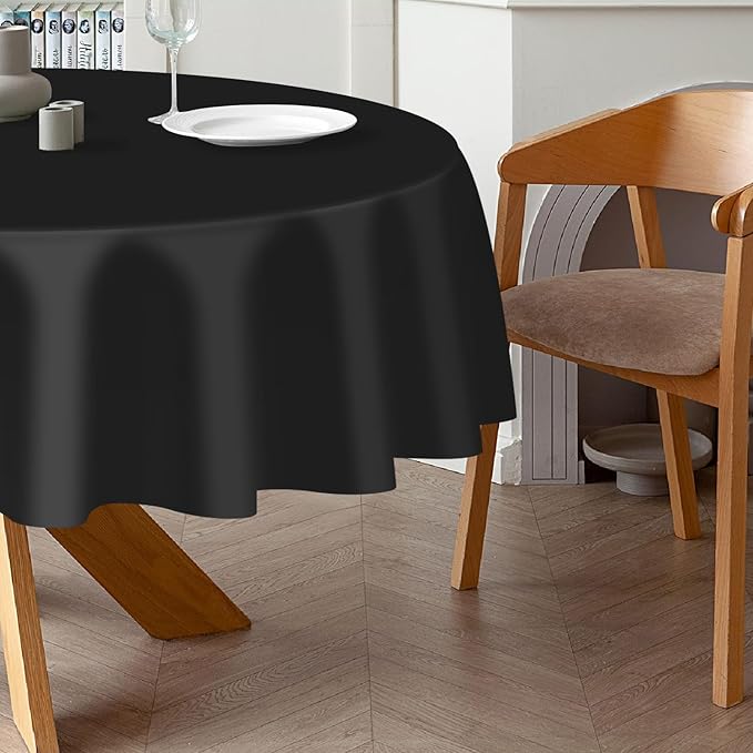 QIKSION Black Round Tablecloth 3 Pack, 84 Inch Plastic Table Cover Disposable for Parties