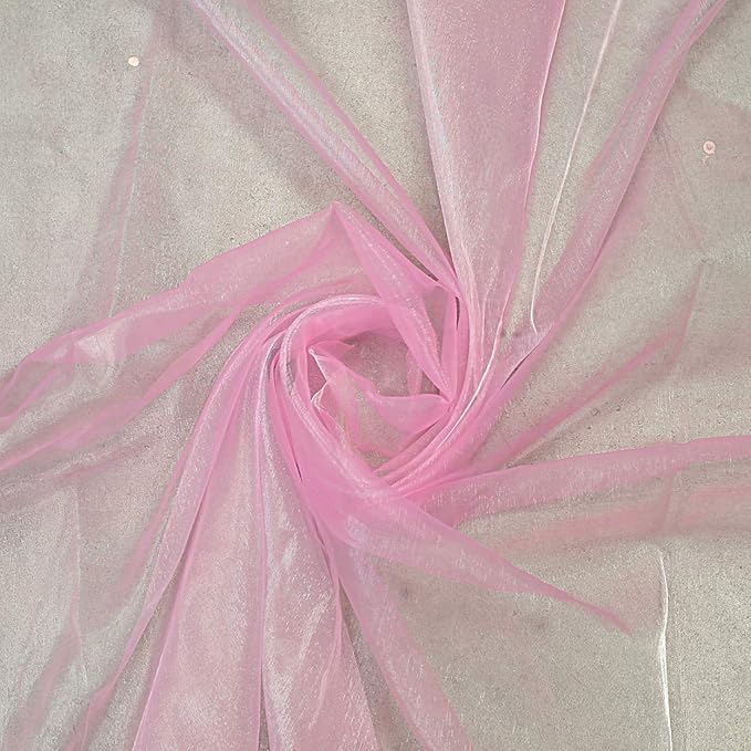 VDS Pink Organza Fabric, 5 Yards Continuous, 45” Wide, Wedding Party Decoration Iridescent Crystal Sheer Shiny Organza Tulle Bridal Dress DIY Crafts Costume Sewing Backdrop Arch Cloth