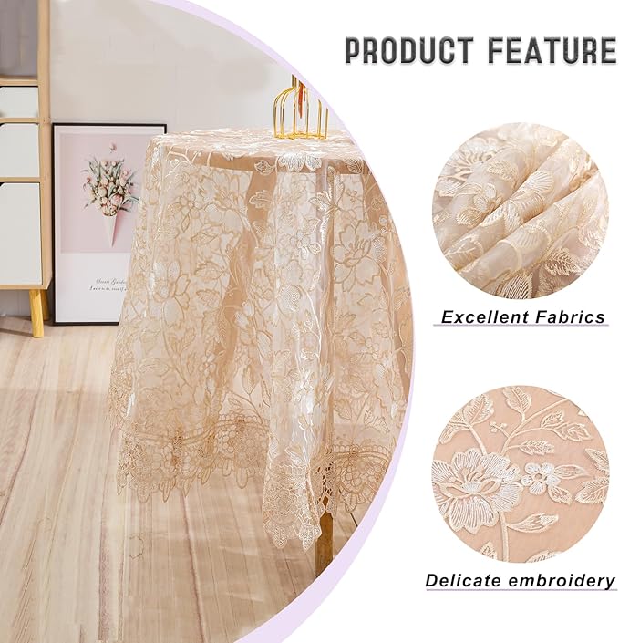 Round Embroidered Lace Tablecloth Vintage Decorative Exquisite Border Table Cover for Party Wedding Home Decorations, Round-70, Beige
