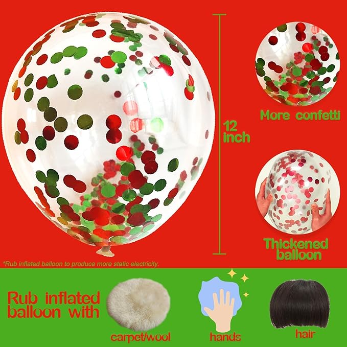 Green Red Confetti Balloons 25 Pcs, 12 Inch Thickened Clear Latex Balloon with Confetti Inside for 2025 Christmas Decorations Baby Shower Birthday Party Decorations Supplies