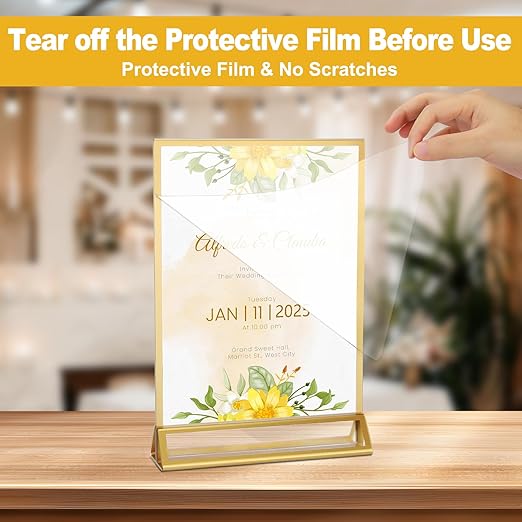 EHWINE 8 Pack 5×7 Clear Acrylic Sign Holder with Gold Borders and Vertical Stand, Double Sided Table Menu Holders Picture Frames for Wedding Table Numbers, Restaurant Signs, Photos and Art Display