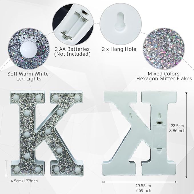 NW LIGHT Light Up Marquee Letter K for Table Decorations, Glitter Alphabet Signs for Prom, Events, or Engagement Party Decor