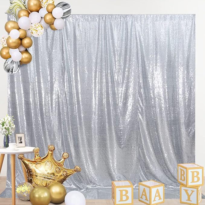 SquarePie Sequin Backdrop Not See Through Thick Background Glitter Curtain Party 6FT x 6FT Silver