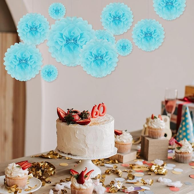 Tissue Paper Pom Poms, Light Blue Tissue Paper Flowers, Hanging Flower Balls for Weddings Fiesta Parties Birthday Baby Showers Classroom Bridal Shower Decoration (20Piece Set-6/10/12/14Inch)