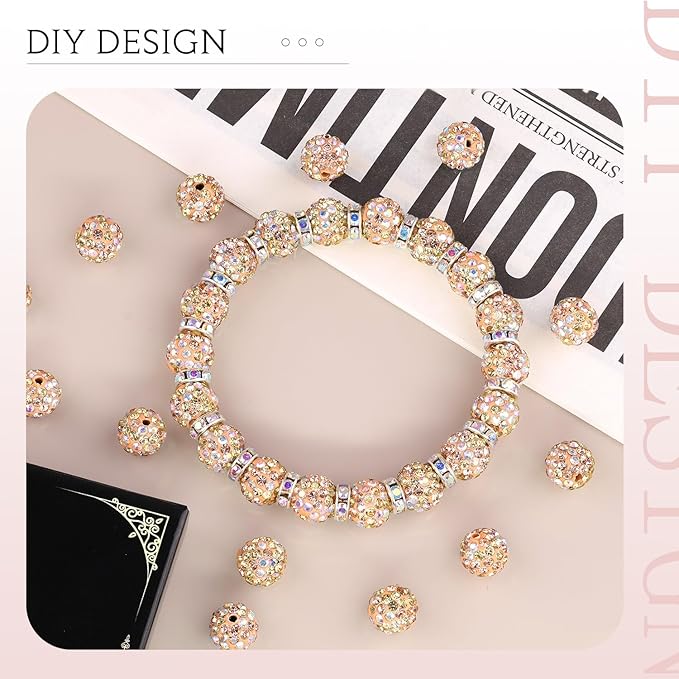100pcs 10mm Rhinestone Beads for Jewelry Making, Light Peach AB Shiny Round Shamballa Disco Beads Bulk, Sparkle Crystal Clay Christmas for Bracelet Baseball Necklace Earring Crafting and DIY