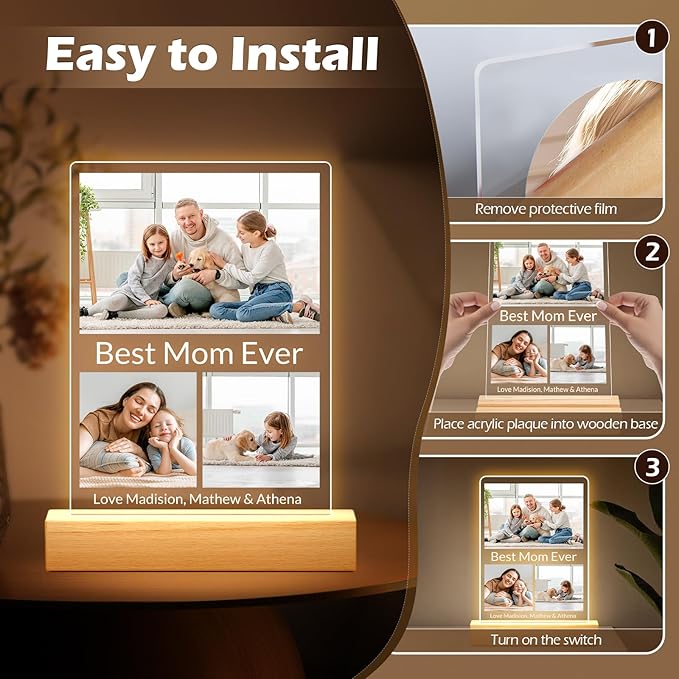 Custom Picture Frames with Photo, Personalized Acrylic Photo Frame with Night Light, Customized Picture Frames, Custom Photo Gifts, Personalized Birthday Gifts for Mom, Baby, Kids, Family