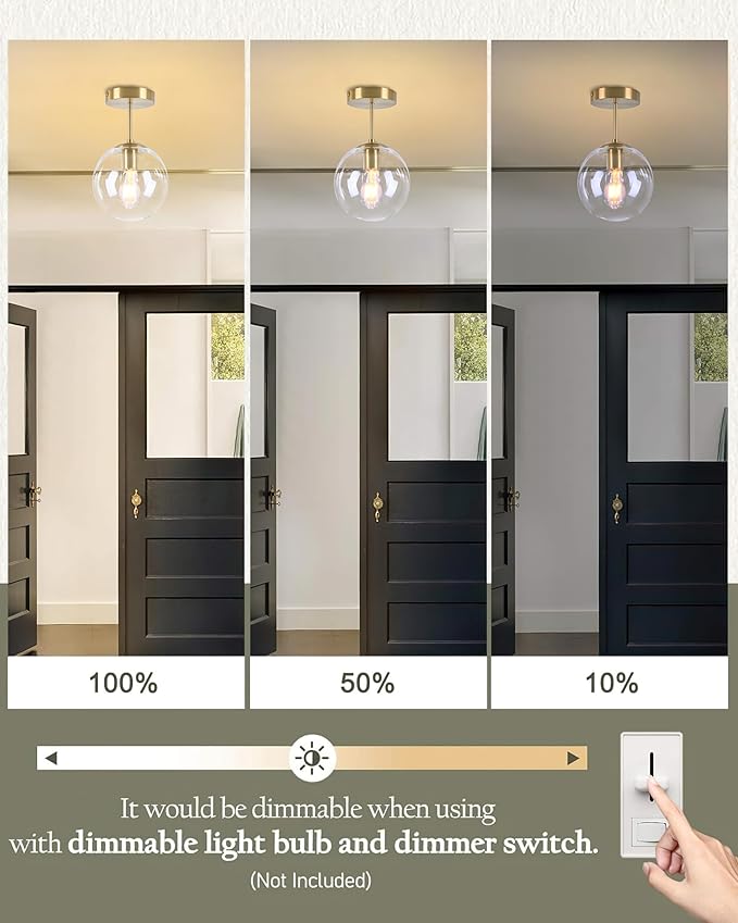 Globe Semi Flush Mount Ceiling Light, Clear Glass with Brass Finish, Contemporary Mid Century Modern Style Lighting Fixture Gold(12W 2700K LED Corn Bulb Included)