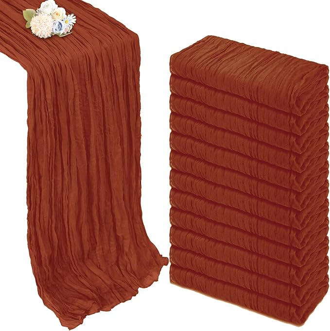 12 Pack Fall Thanksgiving Table Runner Terracotta Cheesecloth 10ft Boho Gauze Fabric Cheese Cloth Burnt Orange Table Runner 35 x 120 Inch Rustic Sheer for Wedding Décor Party Centerpiece Decoration