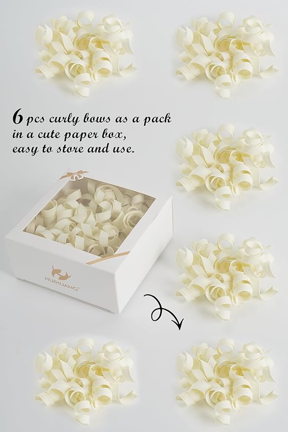 HUIHUANG Ivory Bows for Gift Wrapping, White Curly Ribbon Bows Self Adhesive Burst Gift Bow for Presents, Wine Bottle, Treat Bags, Wrap Accessories, Bridal Shower Wedding Party Favor - 6 Counts