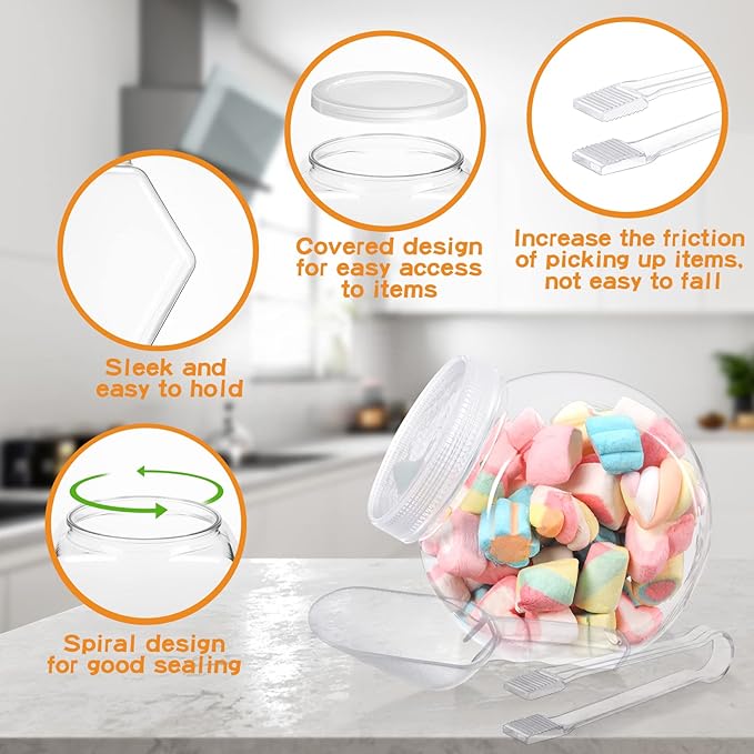 Sunnyray 2 Sets 51 oz Plastic Candy Jars for Candy Buffet with Lids Clear Bar Jars with Scoops and Tongs Kitchen Office Party Cookie Storage Containers for Dry Food Snacks Candies Cookies Coffee Pods