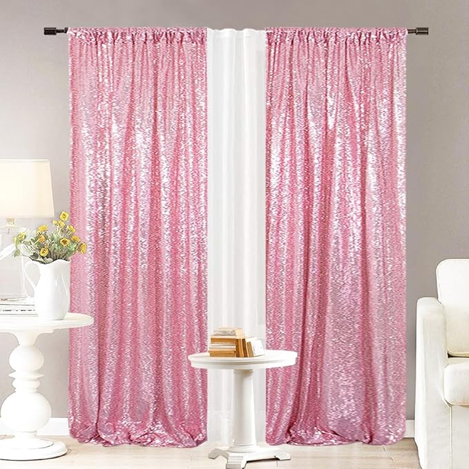 Eternal Beauty Fuchsia Pink Sequin Backdrop Curtains, Shimmer Back Drop 4Panels-2FTx8FT for Christmas, Party, Birthday, Photography, Wedding, Baby Shower Event Decoration