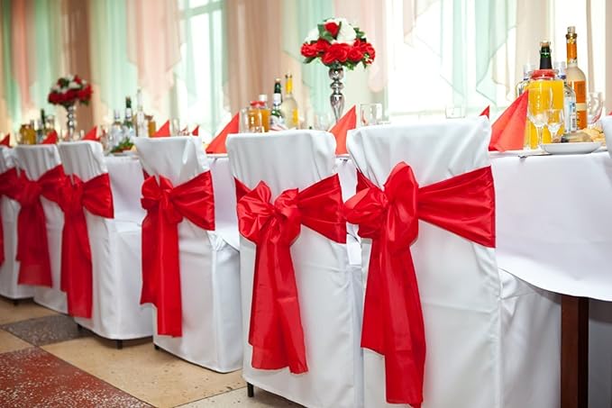 100 PCS Satin Chair Sashes Decorative Bows Satin Chair Sashes Ties Back Ribbon Bows Chairs Cover Band for Wedding Party Events Ceremony Reception Banquet Christmas Chair Cover Decor(7 x 108 inch,Red)