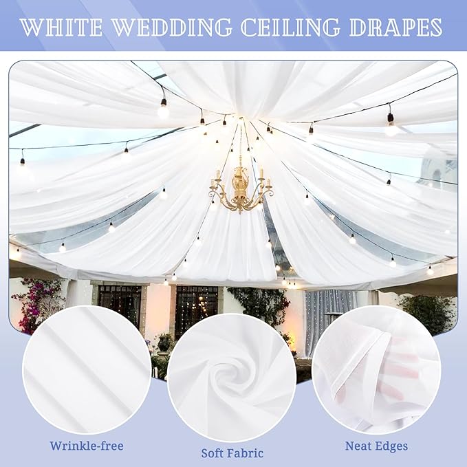 4 Panels White Ceiling Drapes for Wedding 5ftx20ft Chiffon Fabric Arch Draping Curtains for Party Ceremony Birthday Baby Shower Reception Stage Ceiling Decorations