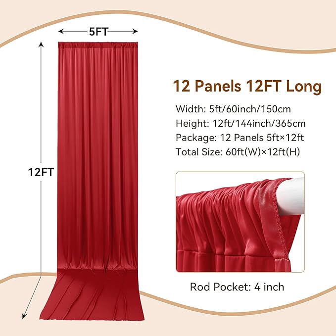 60×12ft Wrinkle Free Red Backdrop Curtain for Wedding Parties,12 Panels 5×12ft Long Soft Silky Polyester Backdrop Drapes Red Photo Back Drop Curtains for Photography Stage Christmas Background Cloth