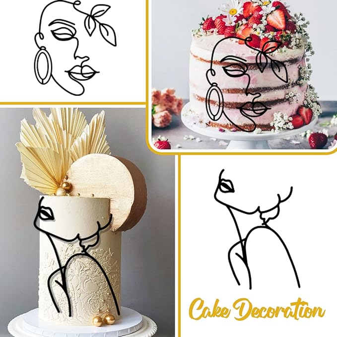 12 Pcs Acrylic Lady Face Cake Topper Minimalist Art Happy Birthday Cake Toppers Women Wedding Cake Decoration for Wedding Birthday Party (Black)