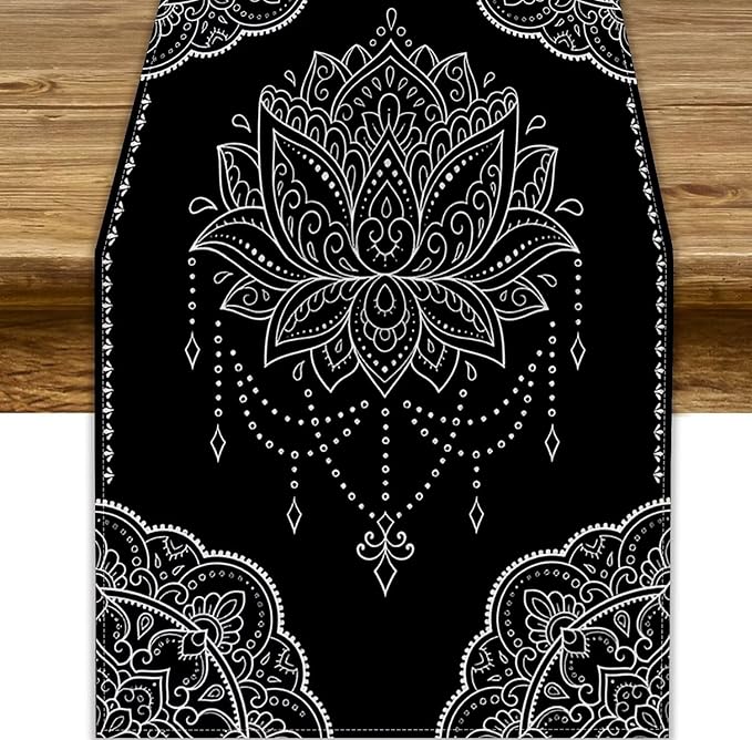 Lotus Flower Table Runner, Bohemian Ethnic Oriental Mandala Black White Floral Print Table Runner for Home Kitchen Dining Indoor Outdoor Dinner Party Decor, 13x70inch
