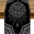 Lotus Flower Table Runner, Bohemian Ethnic Oriental Mandala Black White Floral Print Table Runner for Home Kitchen Dining Indoor Outdoor Dinner Party Decor, 13x108inch