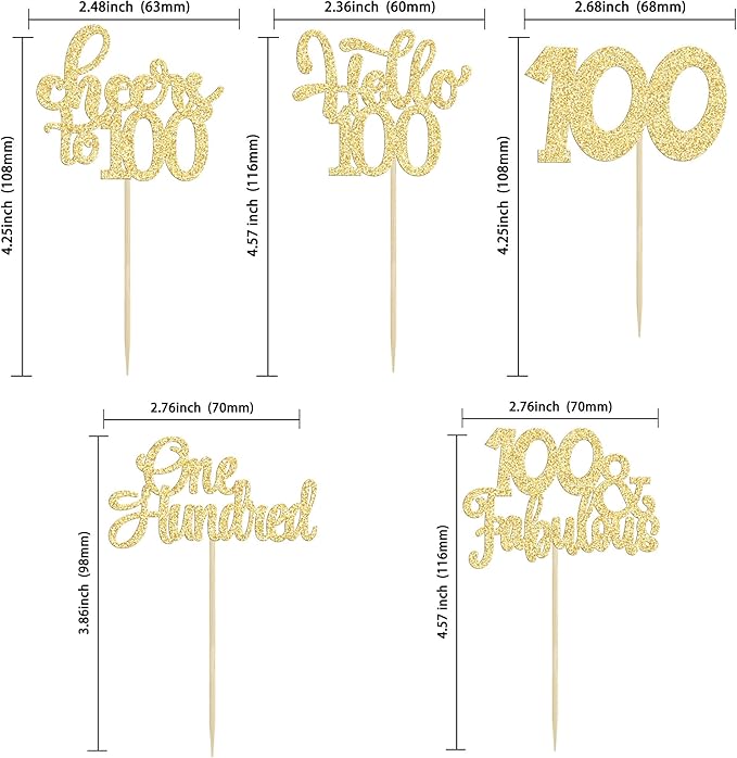 30pcs Happy 100th Birthday Cupcake Toppers - Gold Glitter One Hundred Cheers to 100 Years Old Cupcake Picks for Anniversary Party Cake Decorations