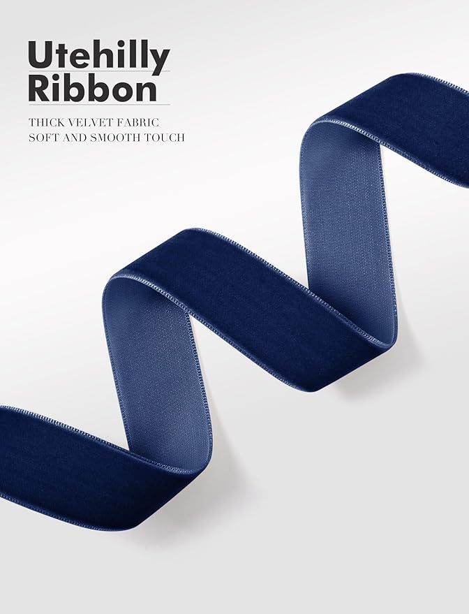 Navy Blue Christmas Velvet Ribbon for Tree, Gift Wrapping, Flower Bouquet, Wreath Decorations, Bow Making 3/8'', 25 Yards