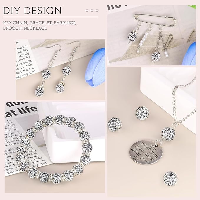 150pcs 10mm Rhinestone Beads for Jewelry Making, Black White Shiny Round Shamballa Disco Ball Beads, Sparkle Crystal Clay Christmas for Bracelet Baseball Necklace Earring Crafting and DIY