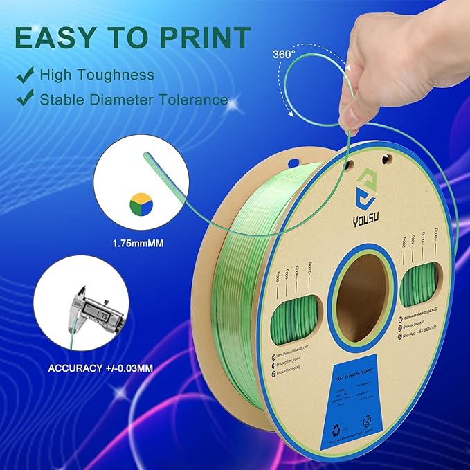 YOUSU PLA Filament Triple Color Coextrusion Silk 3D Printer Filament 1.75mm for 3D Printer & 3D Pen, Multicolor PLA Rainbow Filament,1kg(2.2lbs) Silk Gold Green Blue.