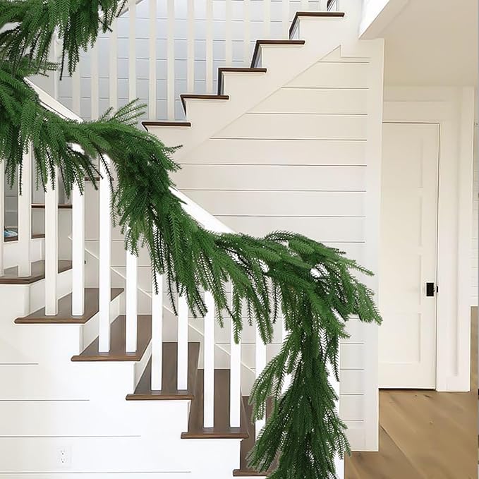 4 Pack Christmas Norfolk Pine Garlands 9FT, Real Touch Artificial Greenery Garland – Full Evergreen Pine Garland for Mantle, Fireplace, Table, Wall, Stairs & Outdoor Holiday Décor