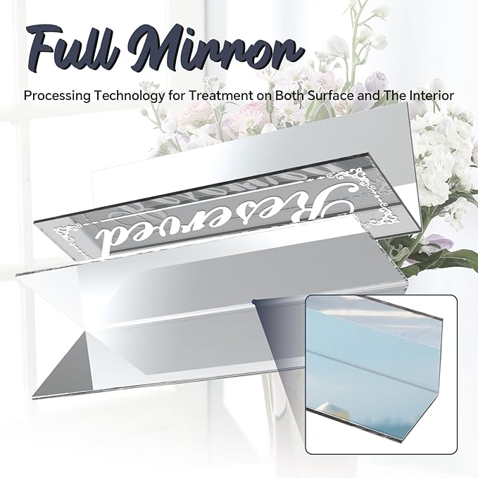 12 Pcs 6" x 2" Silver Reserved Table Signs, Mirrored Double Sided Table Tent Signs with Suede Cloth, Reservation Seat Indicators for Wedding Restaurant Party