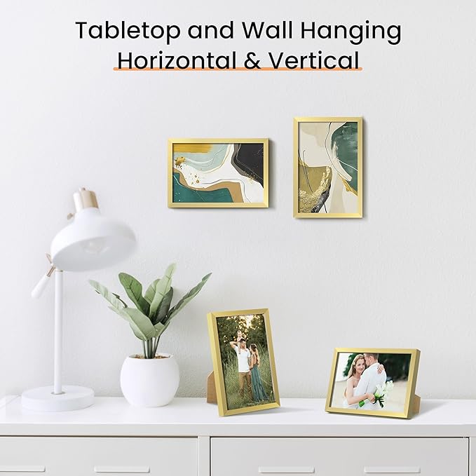 upsimples 4x6 Picture Frame Set of 3, Made of High Definition Glass for 4 x 6 Gold Frames, Wall and Tabletop Display Thin Border Photo Frame for Home Décor