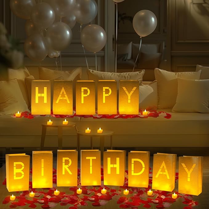 Homemory Happy Birthday Light Up Letters Luminary Bags with Flameless Candles and Fake Rose Petals, Happy Birthday Sign Party Decoration for Women Men