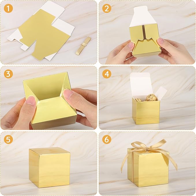 EUSOAR Candy Boxes Party Favors, 60pcs 3x3x3 Inches Gold Macaron Boxes Small Gift Box with Ribbon, Cube Thank You Gifts Box Macaron Mini Muffins Container for Wedding Bridal Party Favor Decorations