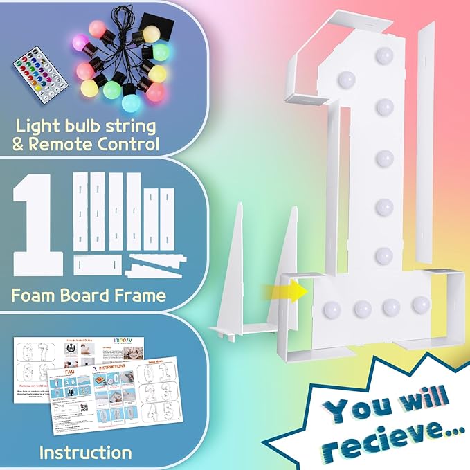 imprsv 4FT Colorful Marquee Numbers,18 Colors Number 1 with Remote, Light Up Numbers Sign for 1st Birthday Decorations Anniversary Party Decor, Pre-Cut Foam Board Kit, Mosaic Sign for Balloon