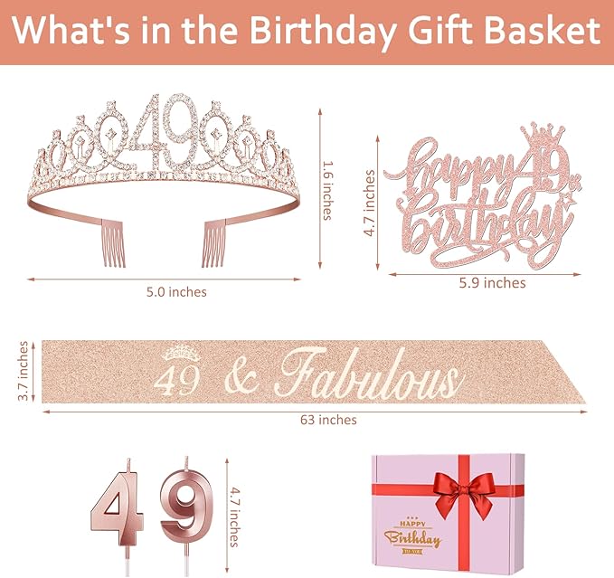 49 Birthday Decorations for Women Including Birthday Sash and Tiara, Cake Topper and Candles, 49 Year Old Gifts for Women, Rose Gold Party Favor Supplies
