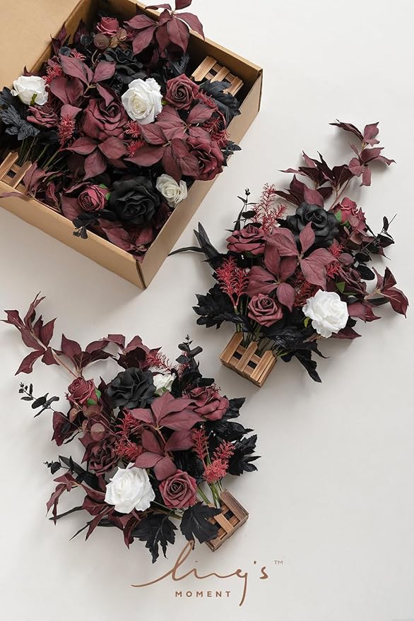 Ling's Moment 17.5" Tall Free Standing Artificial Flowers Arrangements 4 pcs Wedding Aisle Runner Chair Decorations Black Burgundy for Ceremony Reception Rose Floral Party Outdoor Centerpieces