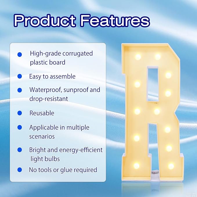 4FT Marquee Plastic Letters R - Light up Letters Are Made from Corrugated Plastic Board - Quick Assembly Without Tools, Disassembled Components Can Be Used for Garage Sale Signs, Yard Sale Signs