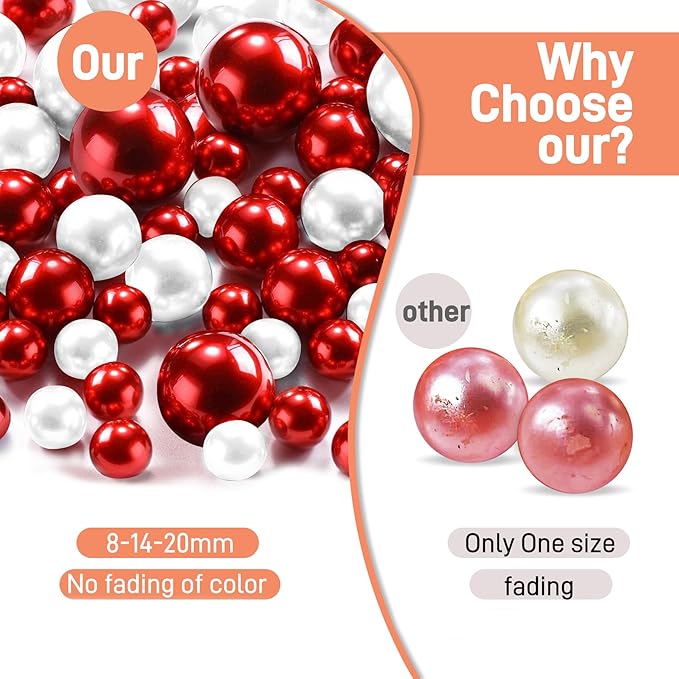 180PCS Red & White Beads for Centerpieces Vases, No Hole Polished Pearl Makeup Beads Mixed 8/14/20mm Sizes, Pearl Vase Fillers Table Scatters for Party Wedding Decor