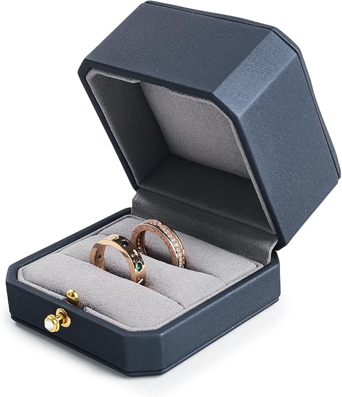 Oirlv Premium Leather Double Ring Box for Wedding Ceremony Engagement Couple Rings Holder Jewelry Gift Box(Blue,Double)