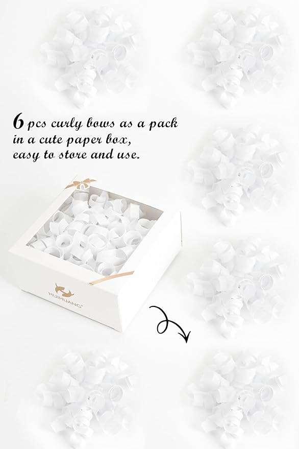 HUIHUANG White Bows for Gift Wrapping, White Curly Ribbon Bows Self Adhesive Burst Gift Bow for Christmas Presents, Wine Bottle, Treat Bags, Bridal Shower Wedding Party Favor - 6 Counts