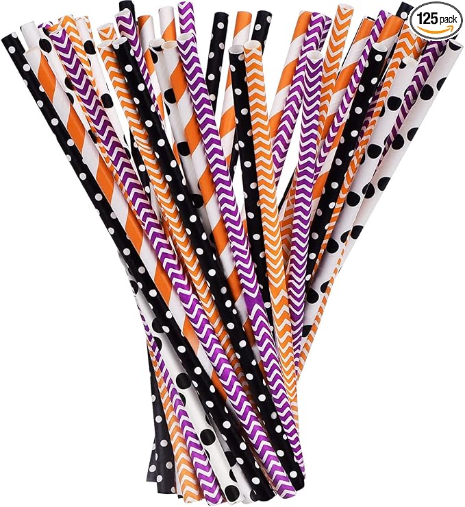 Shappy 125 Pieces Halloween Paper Straws Bulk, Disposable Decorative Drinking Straws with Dots/stripes/waves for Birthday, Wedding, Halloween and Christmas Party Supplies(Orange, Black, White, Purple)