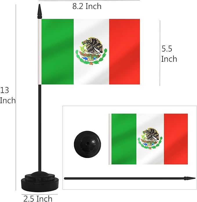 12 Pack Mexico Desk Flags, Mexican Desktop Flag, Small Miniature Office Flags with 12" Black Pole and Black Base, Offices, Classroom, Home, Festival Decoration (Mexico)