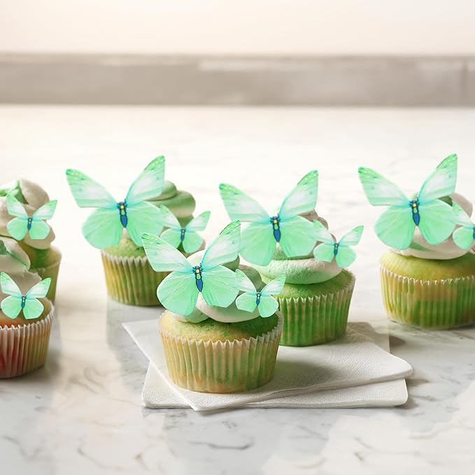 Ephlyn 72Pcs Wafer Paper Butterflies Cupcake Toppers, Edible Butterfly Cake Decorations, Butterfly Theme Birthday Party Decorations for Wedding Birthday Anniversary Party Decorations Green