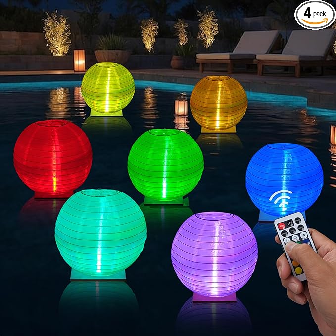 Floating Lanterns LED Pool Lights,IP68 Waterproof Pool Lights That Float ,13 Color Changes by Remote Control for Pool Decor,Outdoor Party,Wedding (4Pcs-14 inches)