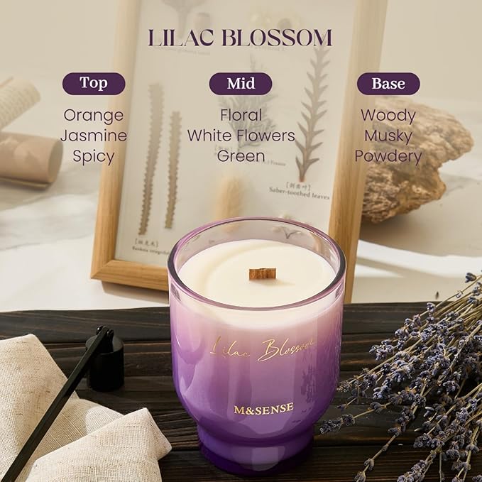 M&SENSE 16.6oz Natural Soy Large Jar Candle with Wooden Wick | Lilac Blossom Scent | 95-Hour Burn & Long-Lasting Burn | Housewarming Gift for Men and Women