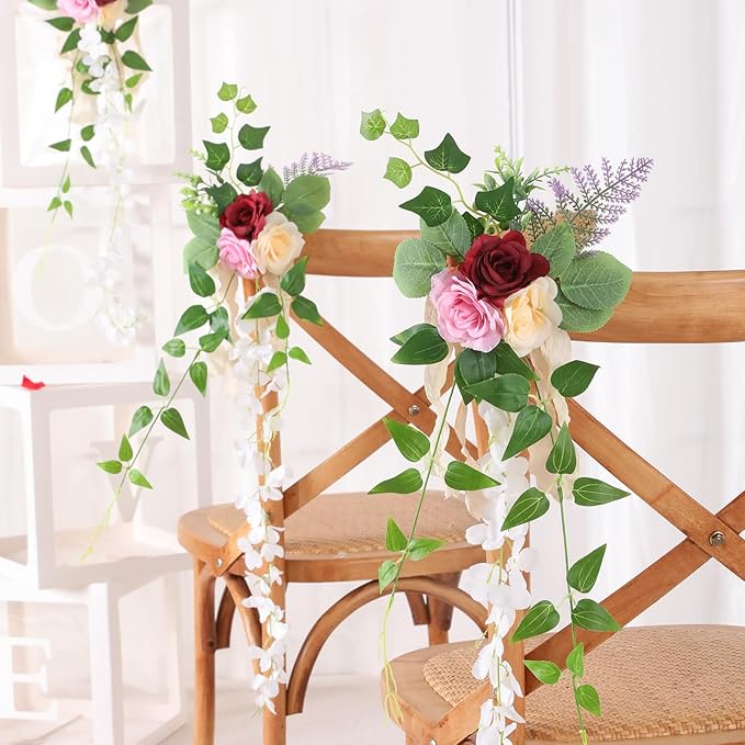 Wedding Aisle Decorations Set of 10 Chair Back Flowers Floral Pew Wedding Decorations for Ceremony with Chiffon Ribbons Fall Decor