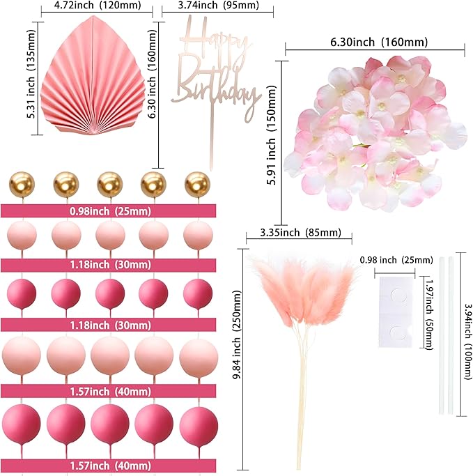 Gyufise 29Pcs Rose Red Artificial Flower Cake Decorations Acrylic Happy Birthday Cake Topper Balloon Cake Toppers Palm Fan Cake Picks for DIY Wedding Birthday Valentine's Day Party Supplies