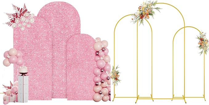 MODFUNS Metal Arch Backdrop Stand and Cover Set 6&6.6&7.2ft Pink Gold Sequins Arch Backdrop Covers Set of 3 Arched Stands Chiara Arches Cover for Party Banquet Wedding Ceremony Decor