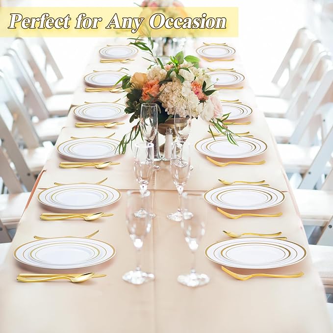 200PCS Gold Plastic Plates Set, 100 10.25 inch Dinner Plate and 100 7.5 inch Dessert Plates, Premium Disposable Plates for Party, Wedding