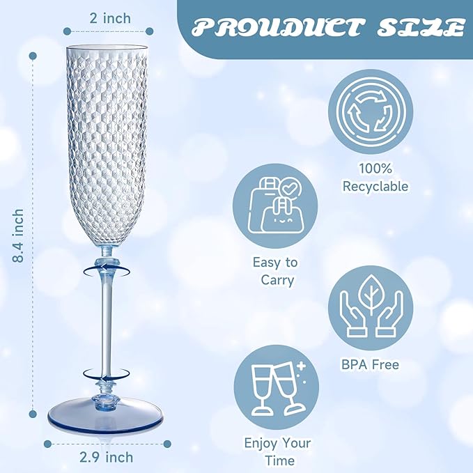 XUWAIDSGN 48 Pack Blue Detachable 2 piece Champagne Flutes 5.5 Oz Unbreakable Plastic Mimosa Disposable Champagne Glasses Drinking Cups Stemmed Reusable Wine Toasting Glasses for Wedding